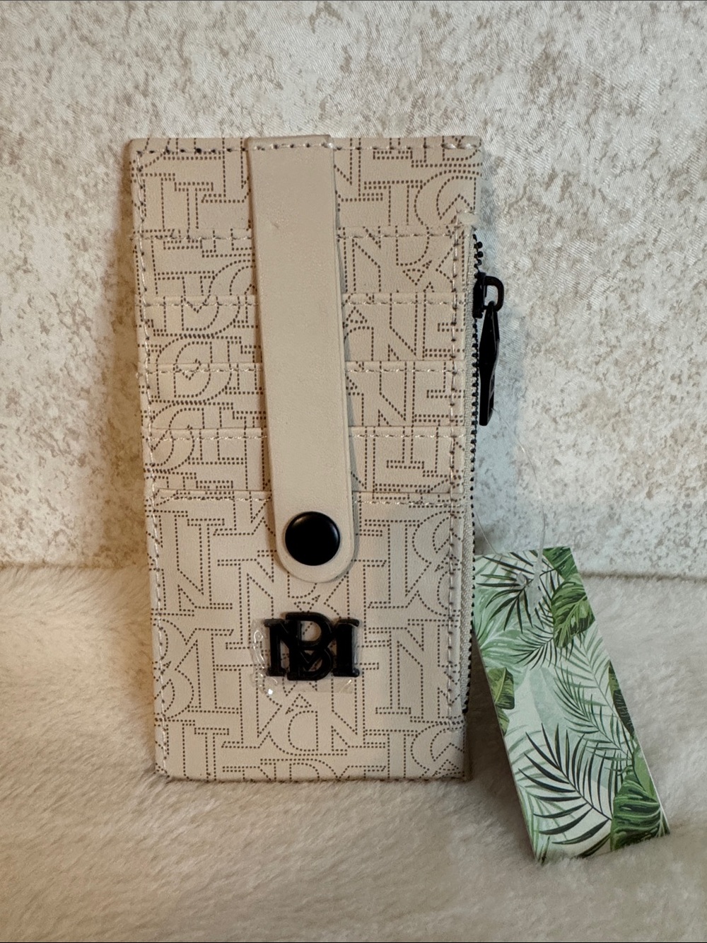Badgley Mischka Cream Monogram credit card with Snap Strap